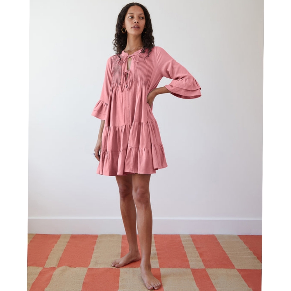 CASA RAKI Nina Dress in Pink Tiered Skirt and Tie Front X-Small
